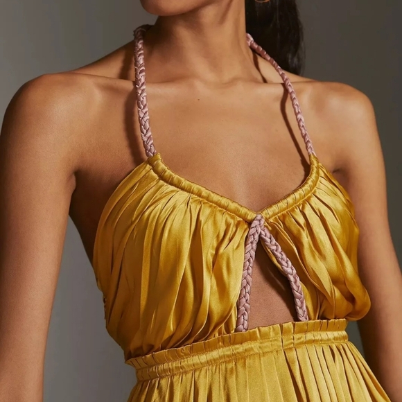 Anthropologie, New, Yellow Silk Colorblocked Silk Midi Halter Sun Dress, Size 14 - Picture 3 of 16